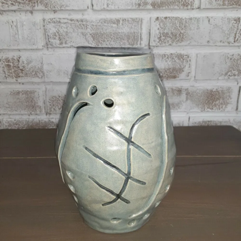 Nellie Segna Stoneware Candle Holder Etched/Eyelets Country Farmhouse